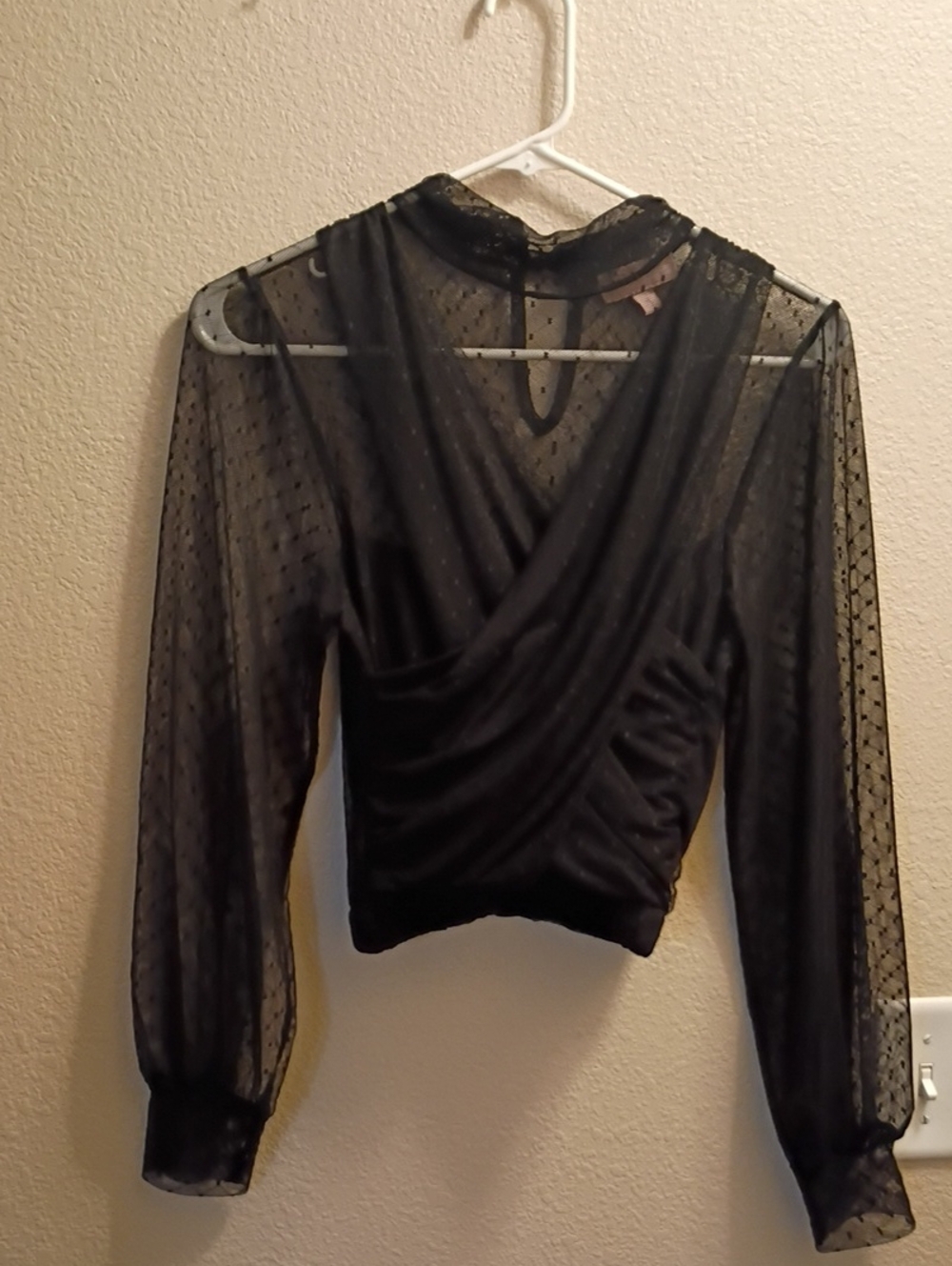 Black Sheer Dot Wrap-Front Blouse